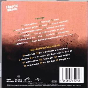Rückseite einer CD mit Titelliste, Albumtitel und Künstlername. Der Hintergrund ist rosa und schwarz.
