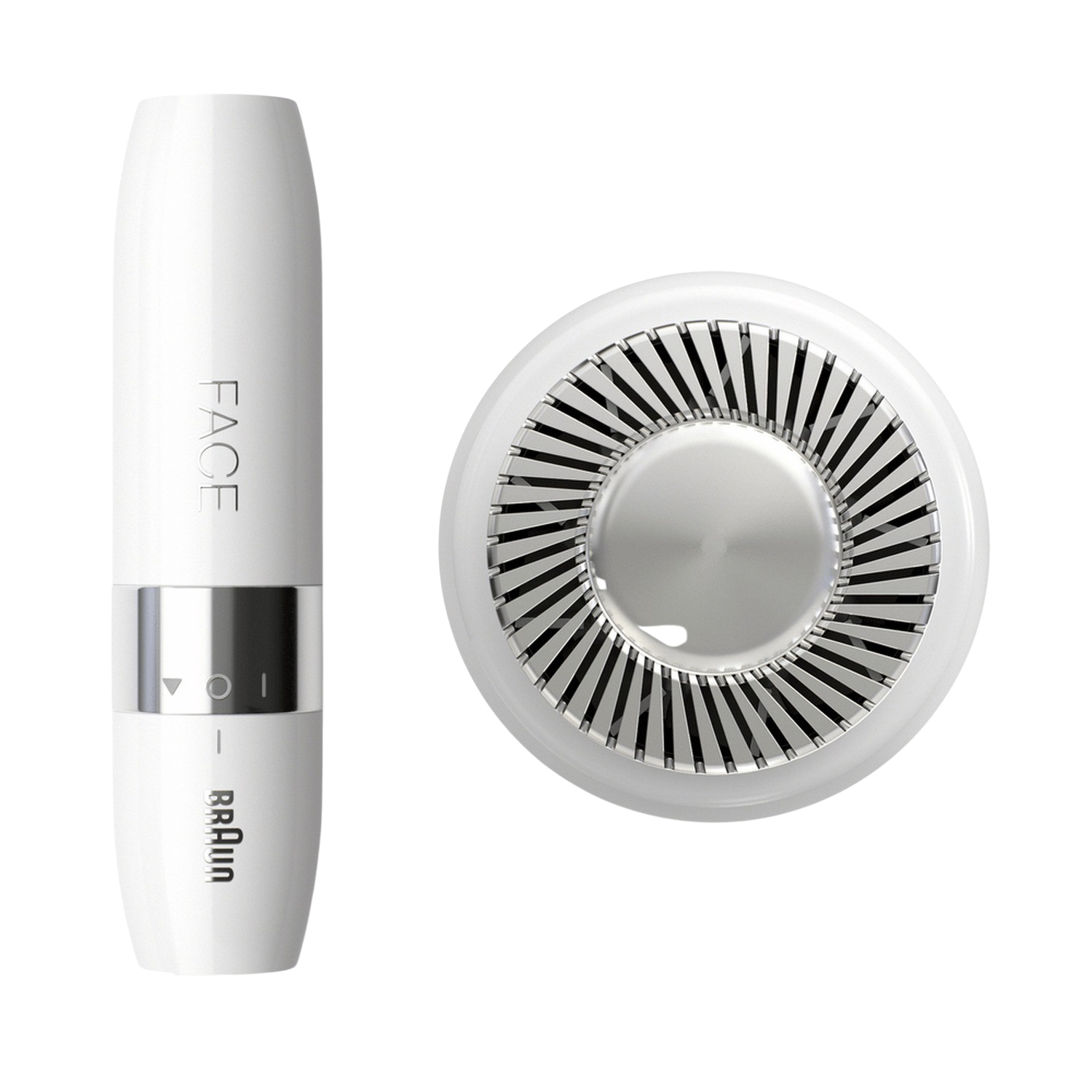 Depiladora facial Braun blanca. La depiladora está a la izquierda y la cabeza a la derecha.