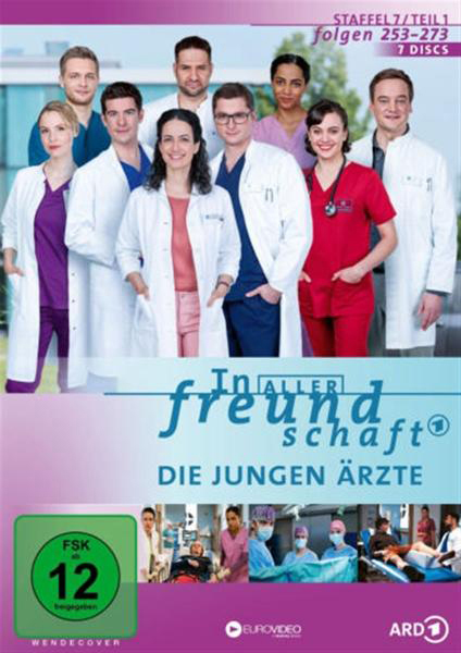 DVD-Cover: Gruppe von Ärzten, Titel „In aller Freundschaft“, ARD-Logo und Rating-Label.