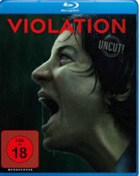 Blu-ray-Cover, Gesicht einer Frau in Schmerz. Titel: Violation, mit ungeschnittenem Text und Altersfreigabe.