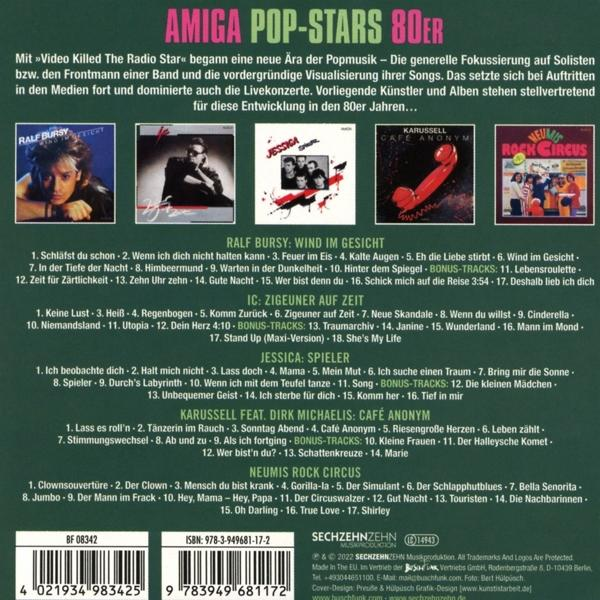 Ein CD-Cover der Musikkompilation Amiga Pop-Stars 80er mit Bildern und Texten verschiedener Künstler.