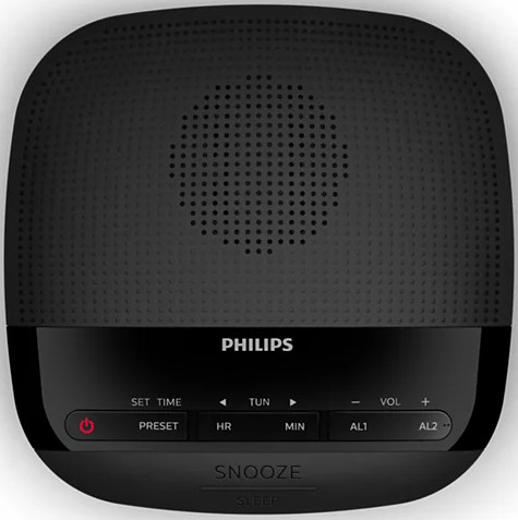 Un réveil Philips noir avec des boutons pour l'heure, les préréglages et le contrôle du volume.