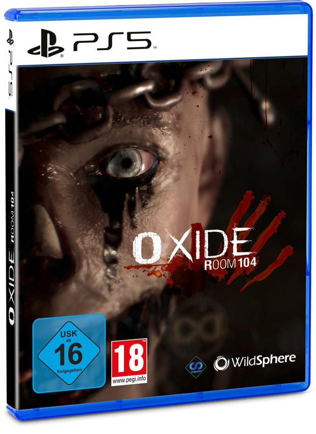 PS5-Spielverpackung für 'Oxide Room 104'. Zeigt ein Auge und Blut.