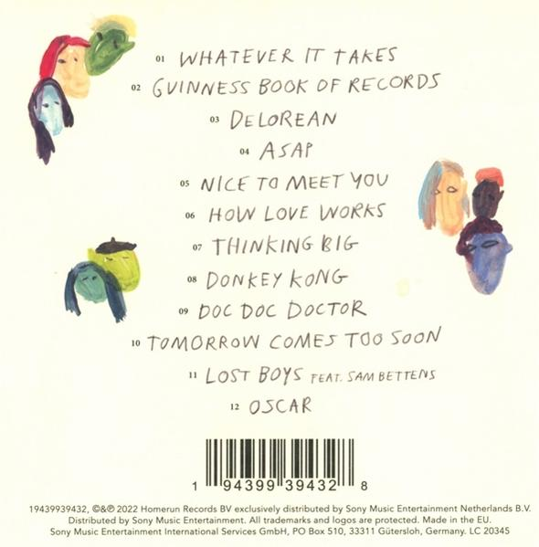 Albumcover mit bunter Illustration von Gesichtern und Songtiteln. Barcode und Credits unten.