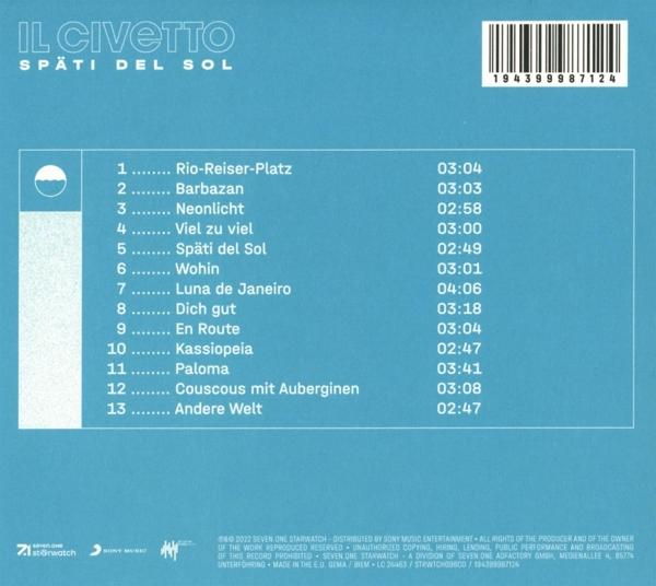 Rückseite des CD-Covers mit Titelliste, Titel: Il Civetto, Text auf Italienisch.