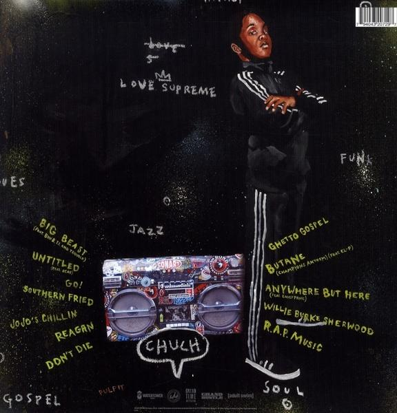 Schwarzes Albumcover mit Person, Boombox und Text. Text und Musiktitel.