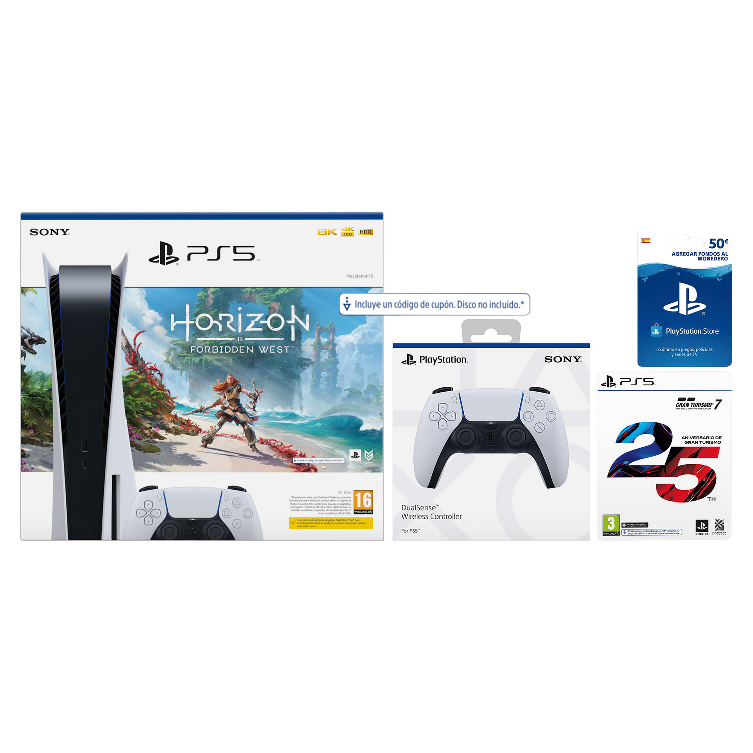 Consola PS5, mando y set de juegos con Horizon y tarjeta PlayStation Store.