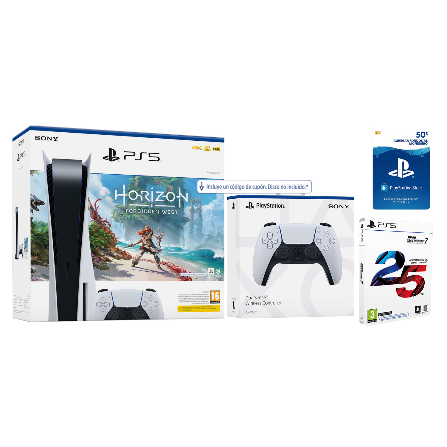 Consola PS5, mando, caja de juego y tarjeta PlayStation Store en una toma de estudio. Fondo blanco.