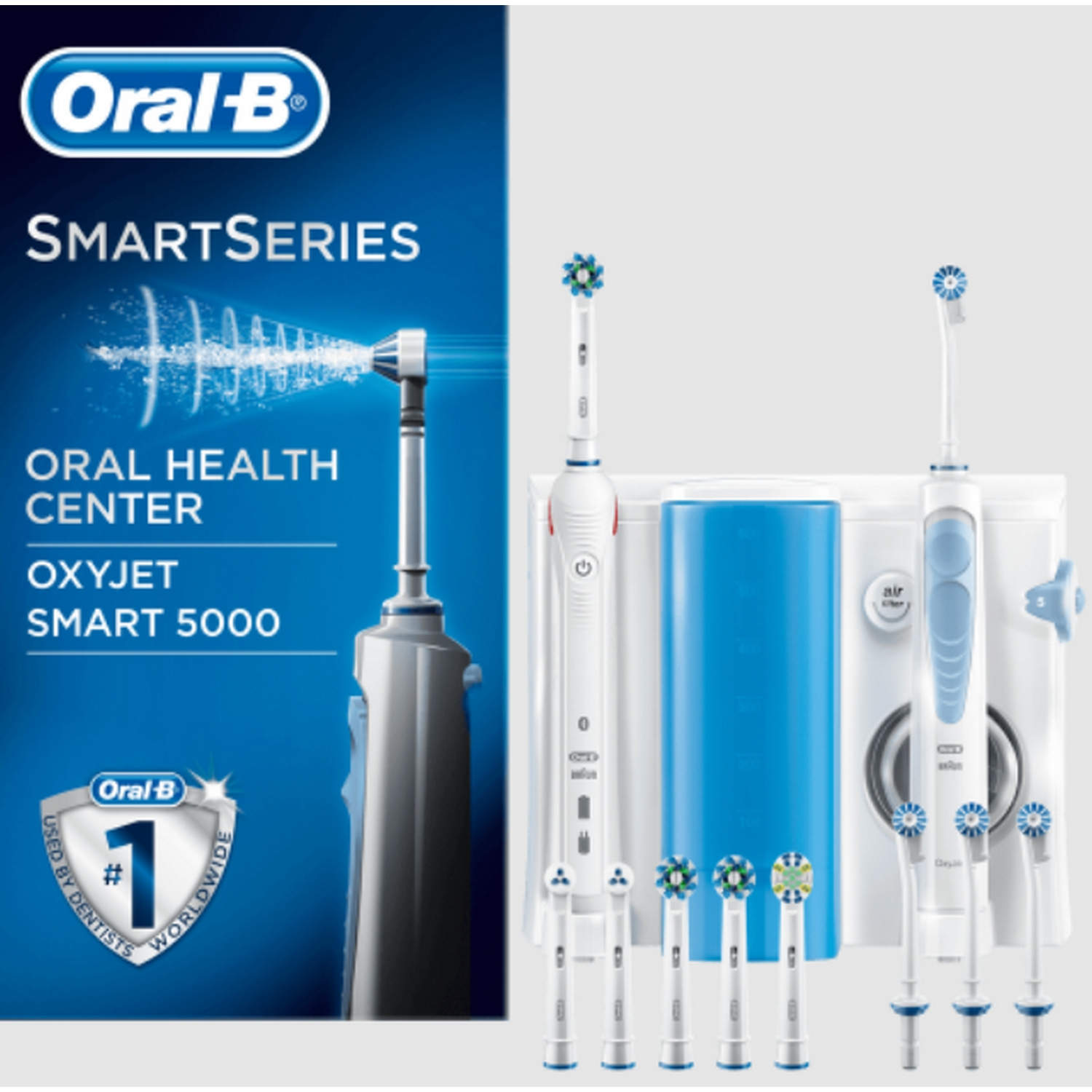 Set de cepillo de dientes eléctrico Oral-B, incluyendo cepillo y múltiples accesorios.