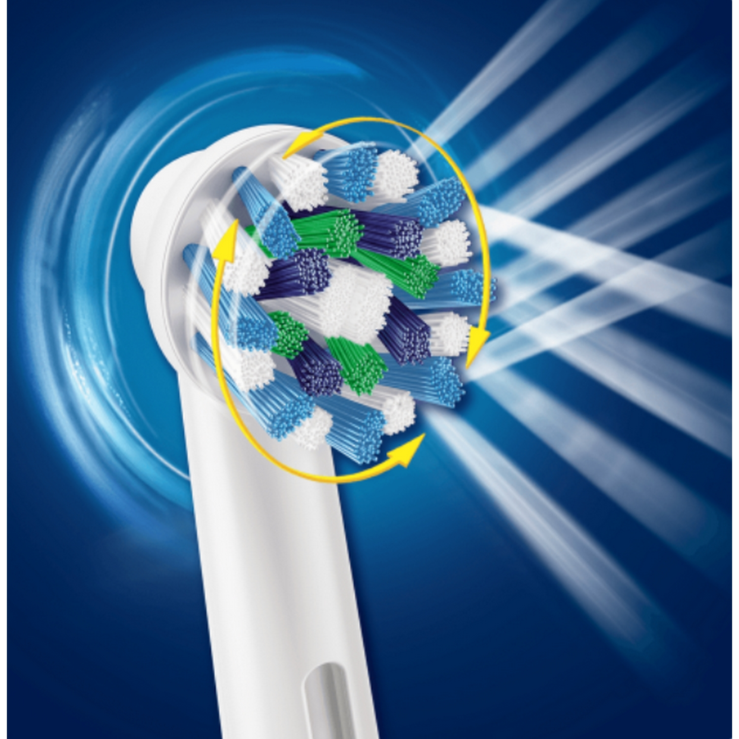 Un cabezal de cepillo de dientes eléctrico con cerdas azules, verdes y blancas, con flechas de movimiento circular.