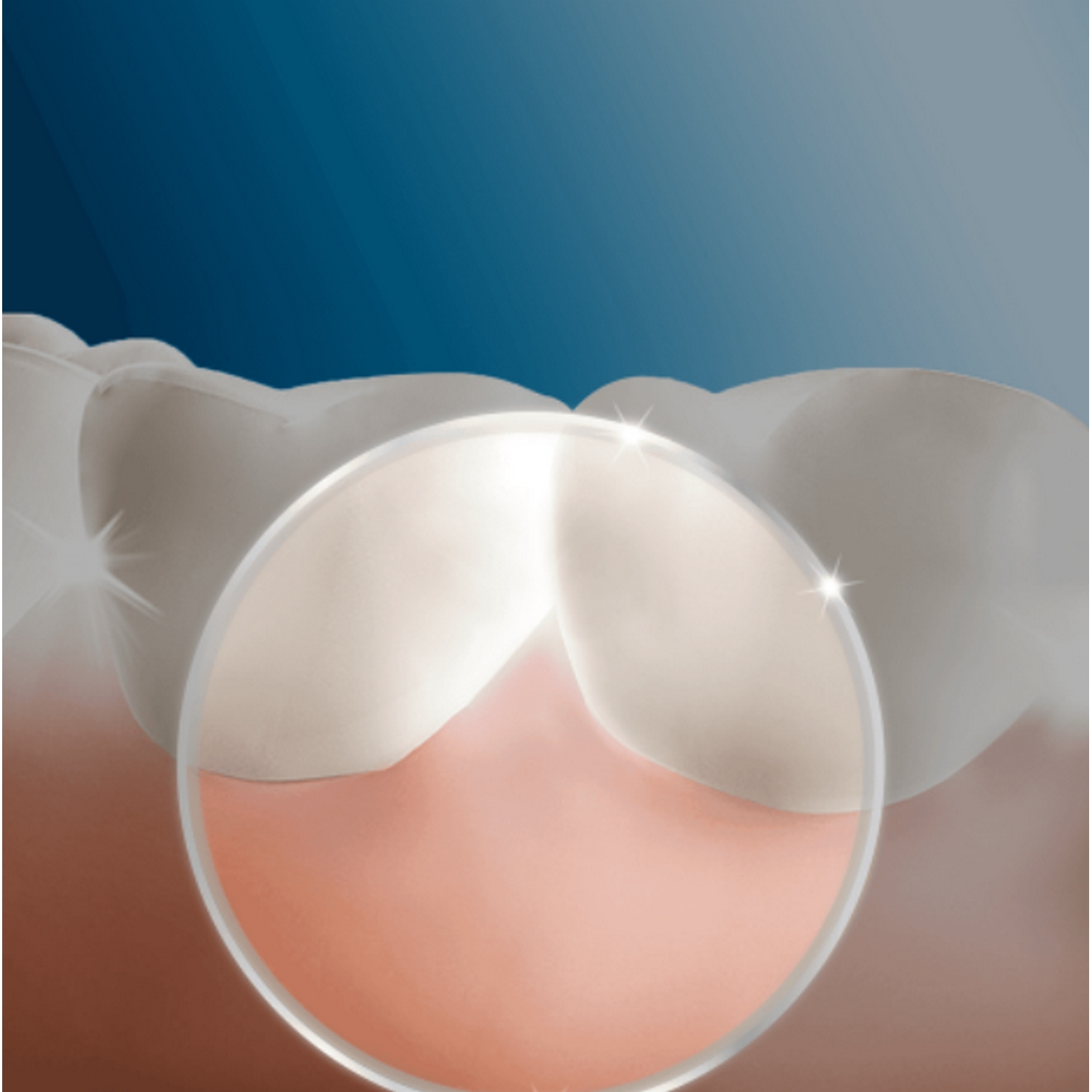 Primer plano de dientes, mostrando un círculo claro que resalta las encías y los dientes.