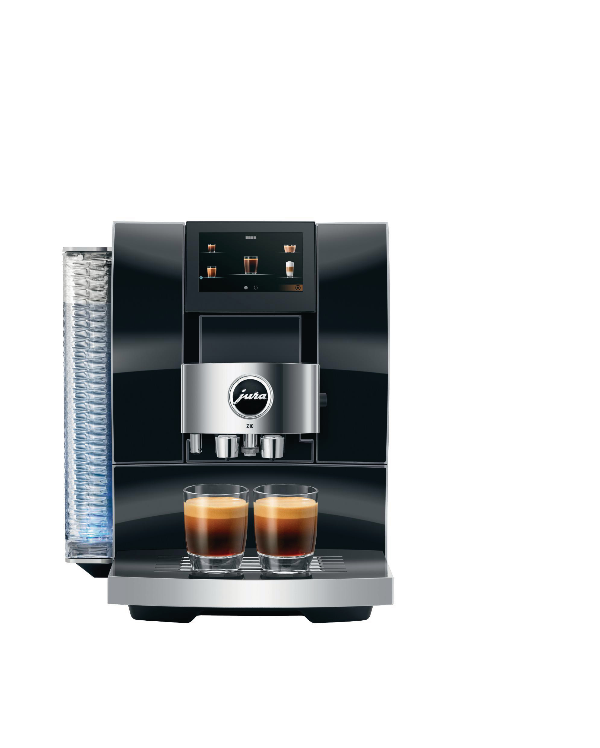 Schwarze und silberne Jura Z10 Kaffeemaschine. Zwei Kaffeetassen auf der Tropfschale.