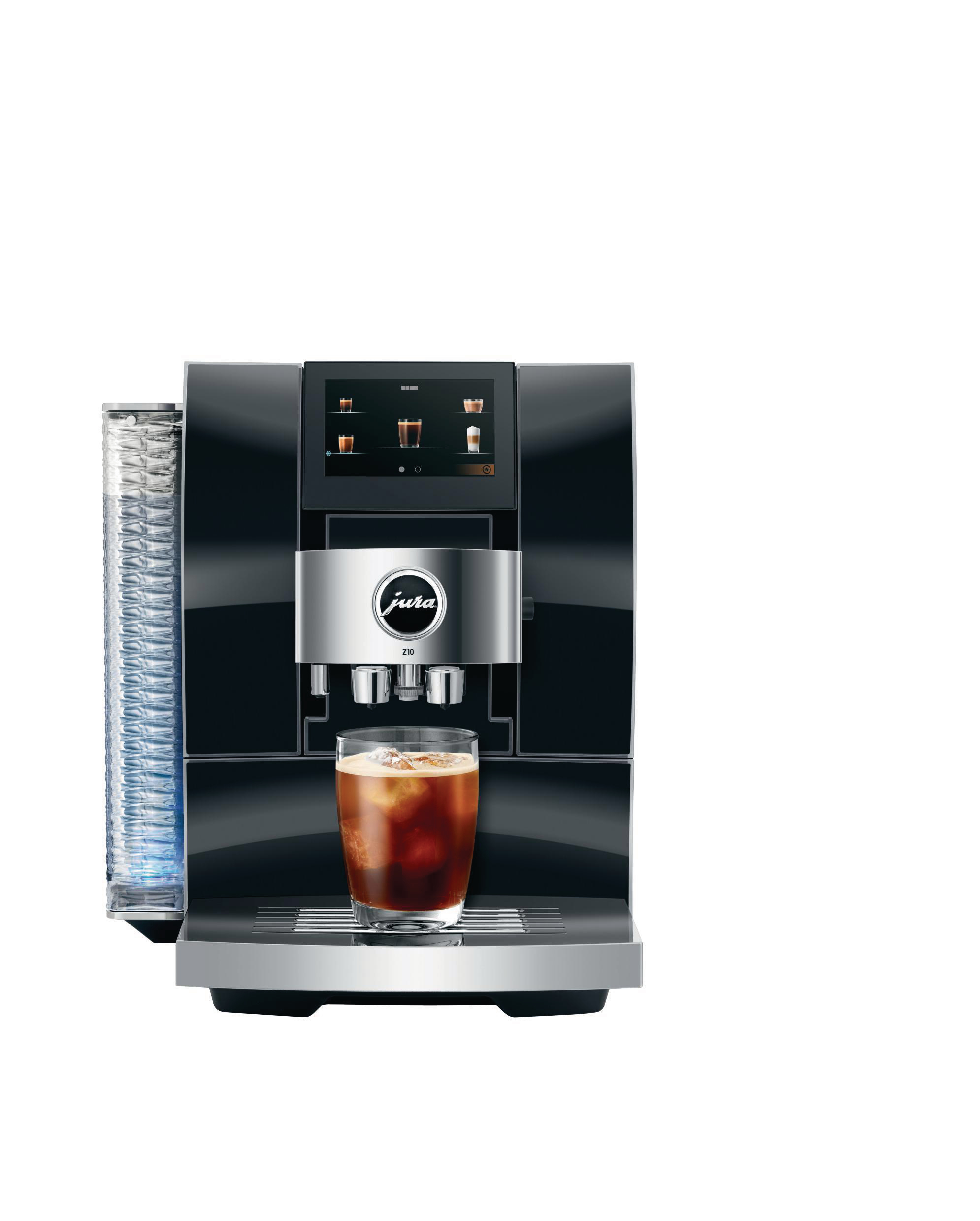 Schwarze und silberne Jura Z10 Kaffeemaschine mit einem Glas Eiskaffee.