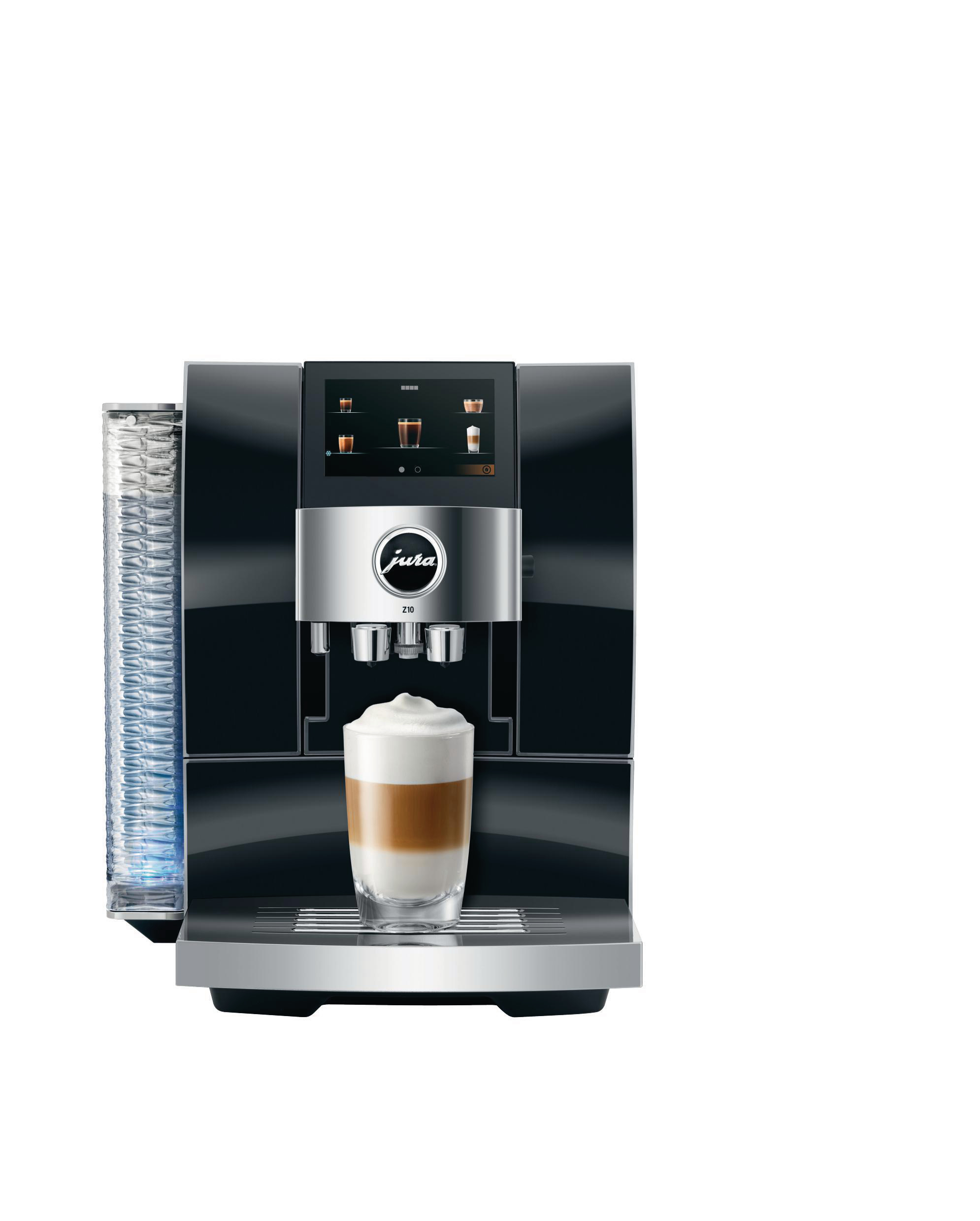 Schwarz-silberne Jura Kaffeemaschine mit Latte in einem Glas.