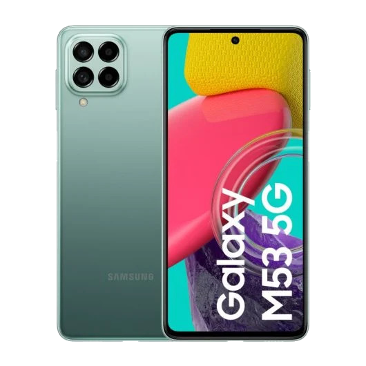 Teléfono inteligente Samsung Galaxy M53 5G verde, que muestra la parte delantera y trasera. La parte delantera muestra un gráfico colorido.