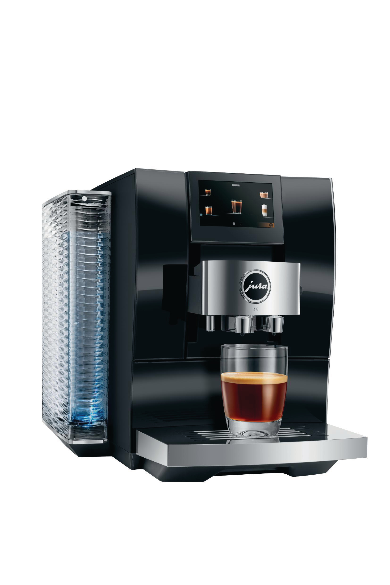 Schwarze Jura E8 Kaffeemaschine mit Espresso-Glas und Wasserbehälter.