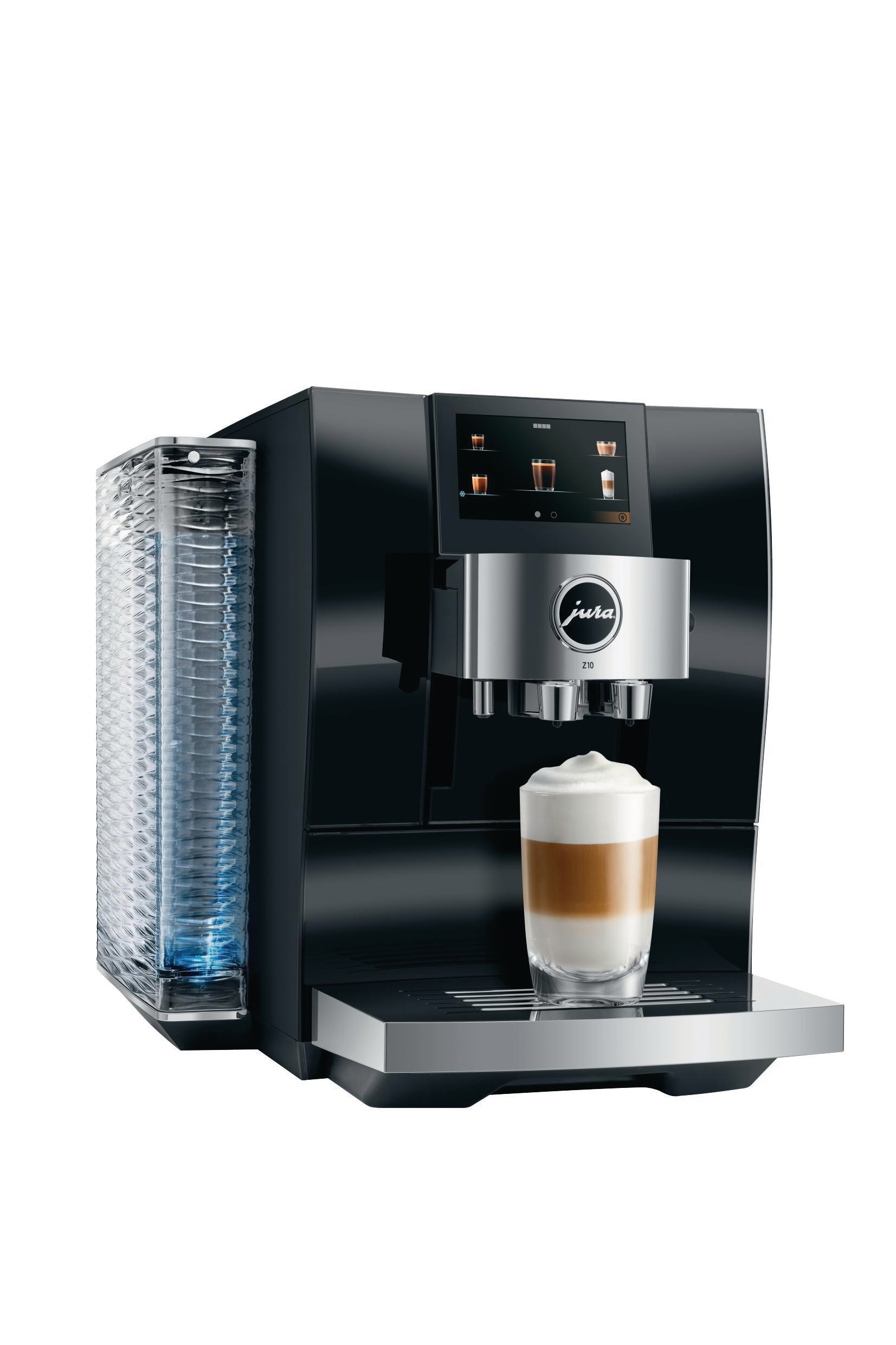 Eine schwarze Jura Kaffeemaschine mit Cappuccino. Ein Wasserbehälter befindet sich links.