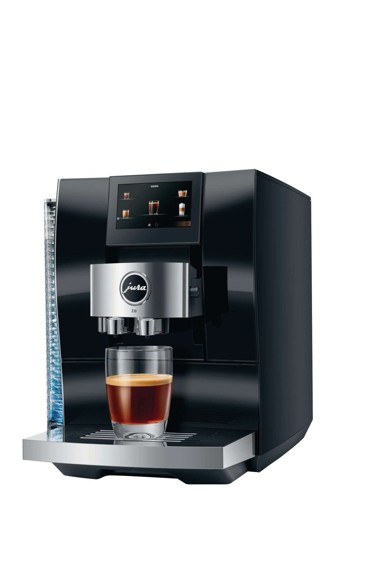 Schwarze Kaffeemaschine mit einem Glas Espresso. Mit silbernem Jura-Logo und Touchscreen-Display.