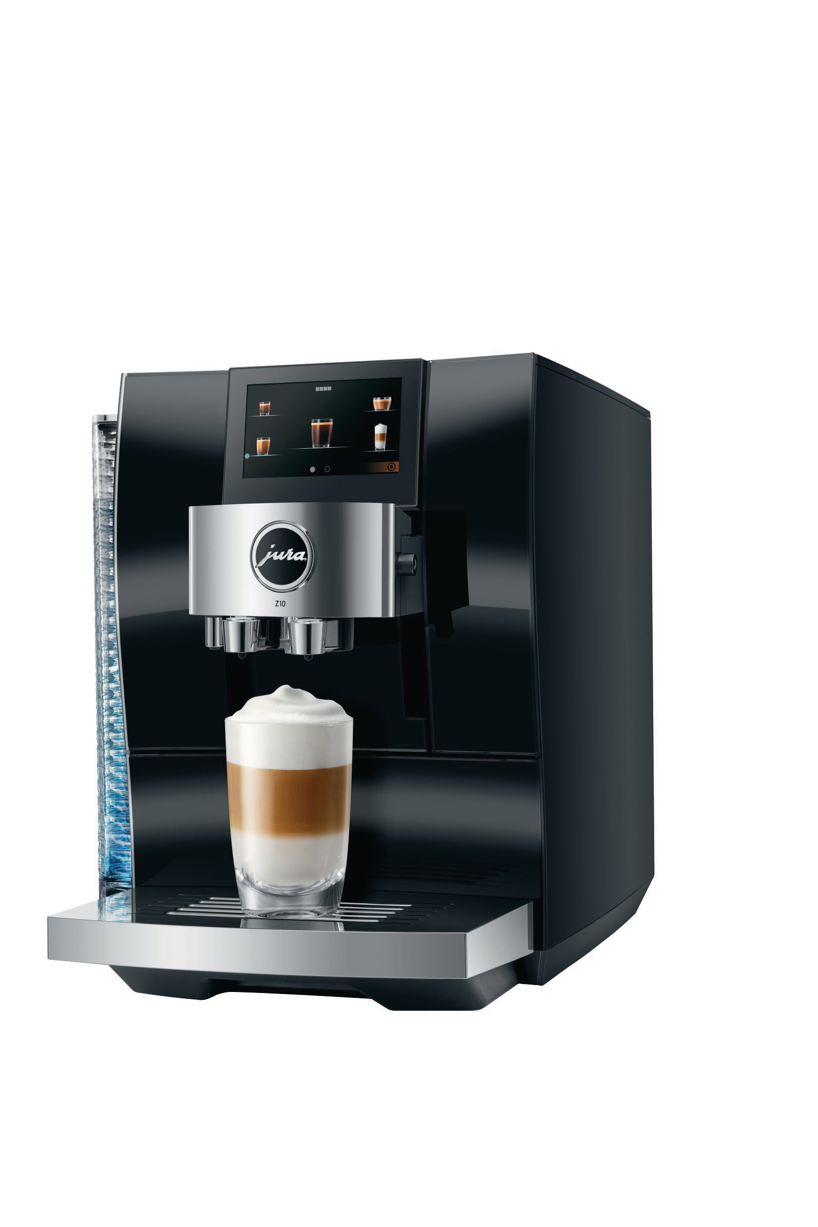 Schwarze Jura Kaffeemaschine, mit einem Latte in einem Glas und einem Touchscreen-Display.
