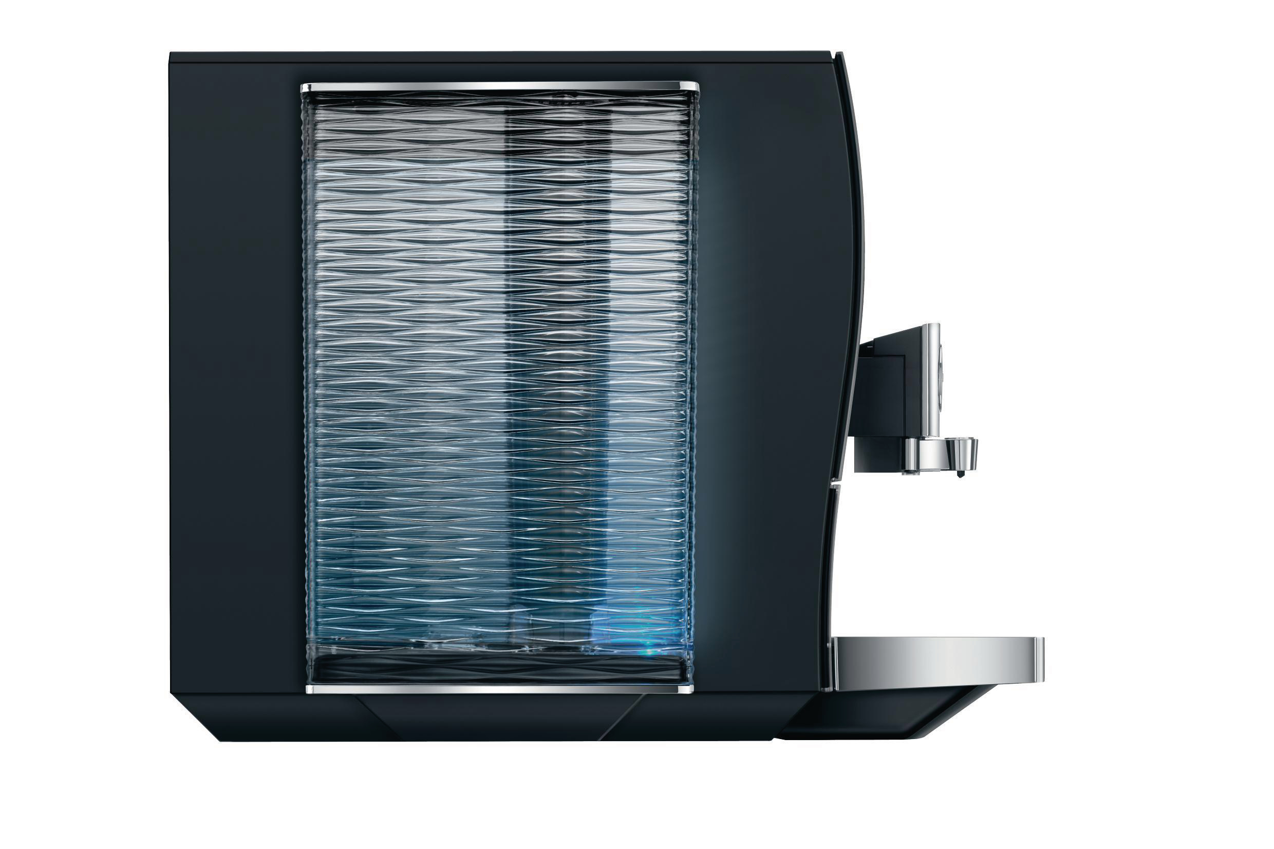 Eine schwarze Kaffeemaschine mit transparentem Wassertank und silbernem Ausguss.