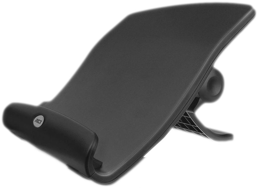 Un support noir pour tablette ou livre, incliné vers le haut. Il a un design incurvé.