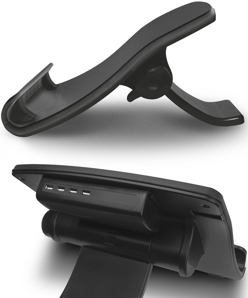 Station d'accueil noire avec ports USB intégrés et support de téléphone portable.