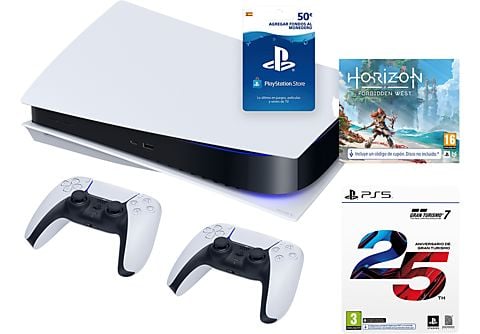 Consola - Sony PS5, 825GB, 4K, HDR, Blanco + 2 Mandos DualSense + Horizon Forbidden West + Gran Turismo 7: (Ed. 25 Aniv.) + Tarjeta PlayStation Store