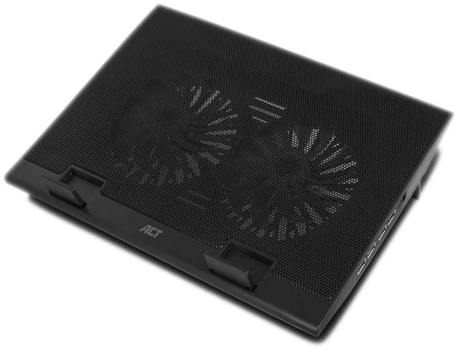 Refroidisseur d'ordinateur portable noir avec deux ventilateurs, incliné. La surface est en maille noire.