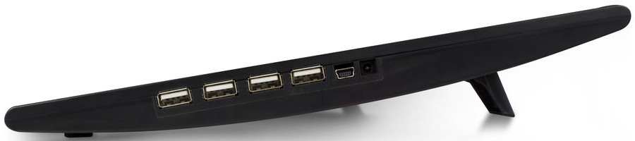 Un hub USB noir avec des ports USB sur le côté et un support.