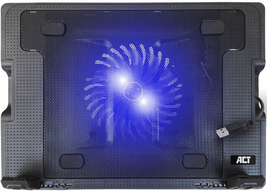 Black laptop cooler with a mesh surface and blue LED fan.