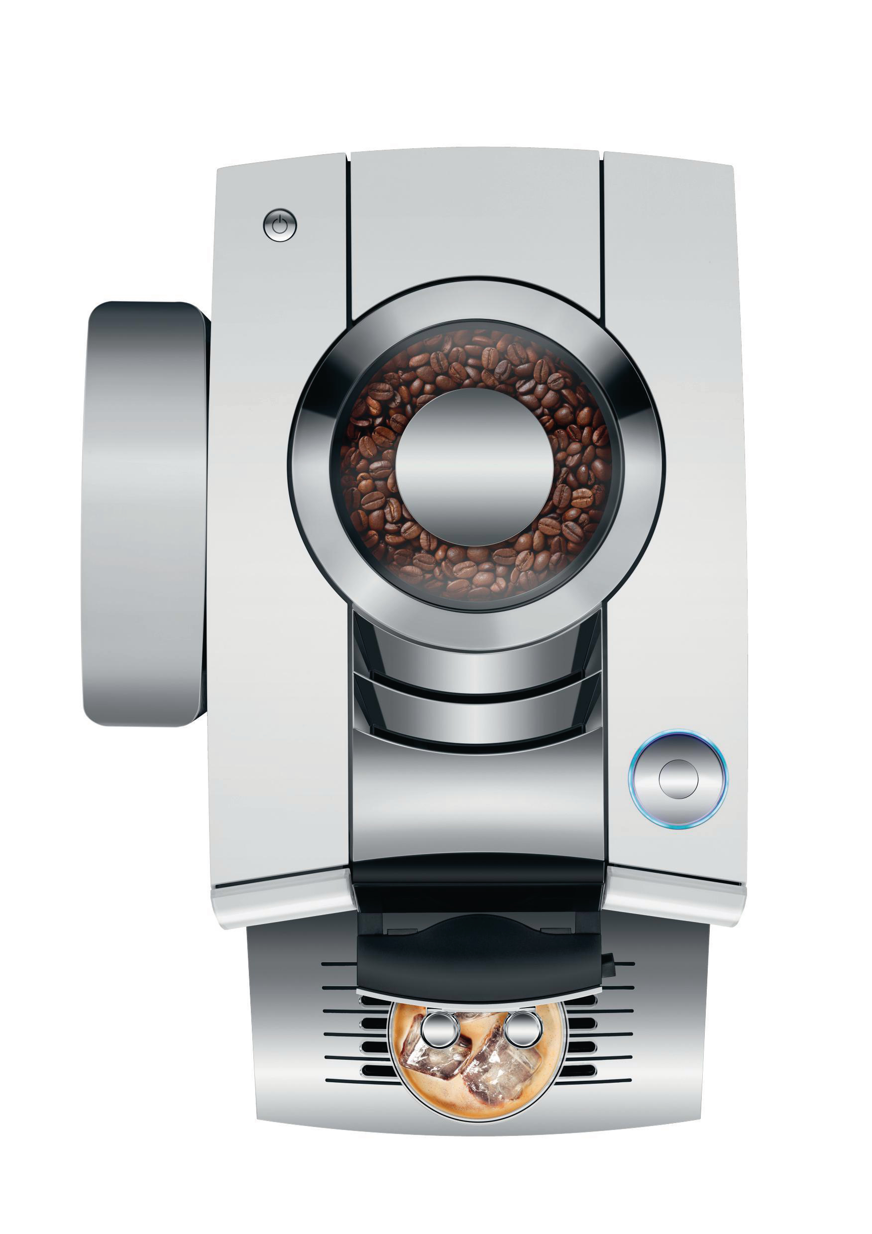 Kaffeemaschine mit Bohnenbehälter und einer Tasse Kaffee.