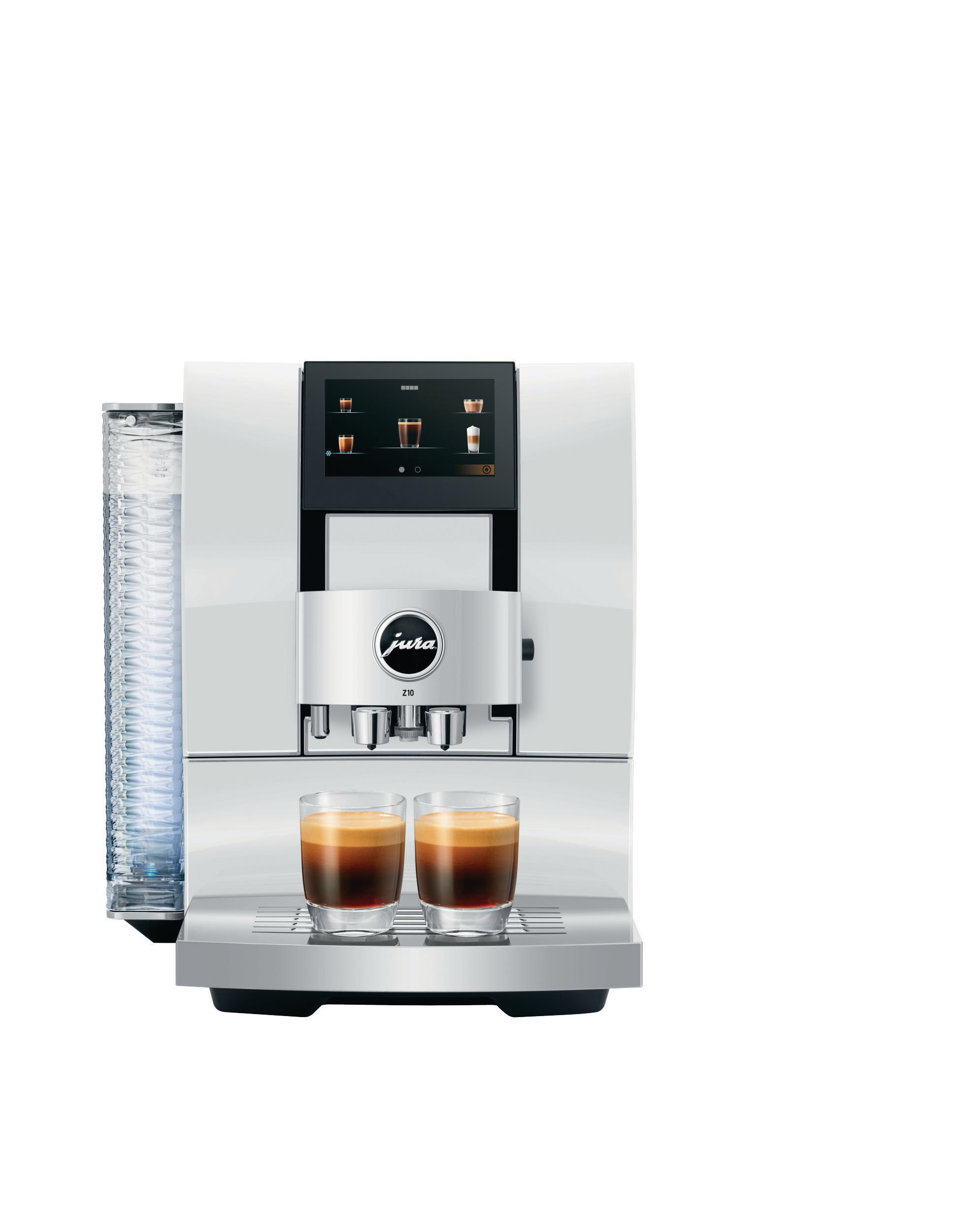 Eine weiße Jura Kaffeemaschine mit zwei Espresso-Gläsern davor. Display und Wasserbehälter sind sichtbar.
