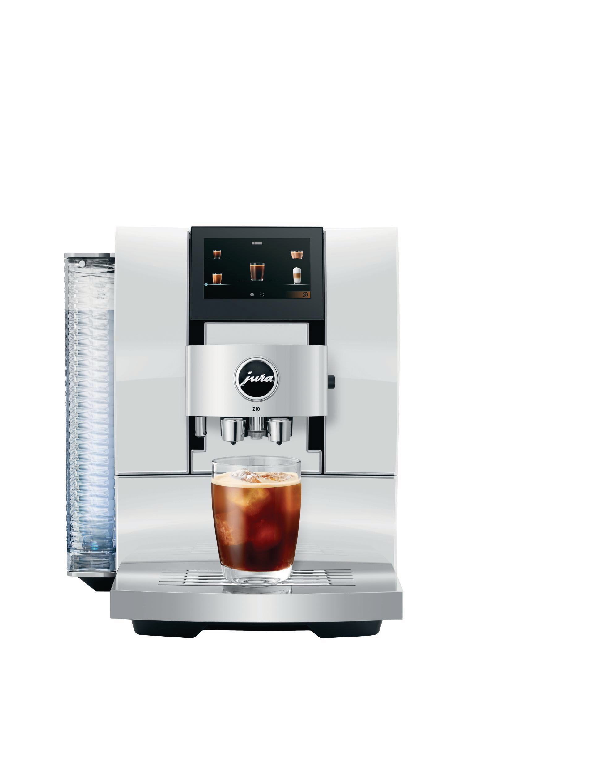 Weiß-silberne Jura Z10 Kaffeemaschine mit einem Glas Eiskaffee.