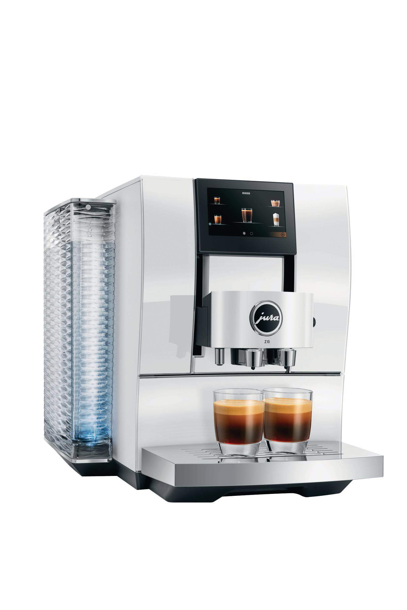 Silberne Jura Z10 Kaffeemaschine mit zwei Espresso in Gläsern. Becherhalter links.