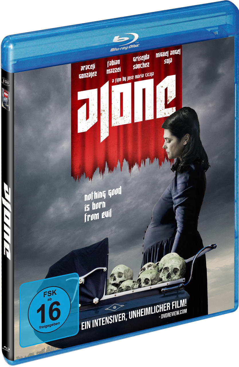Blu-ray-Filmhülle mit einer Frau, Kinderwagen mit Totenköpfen und Text.