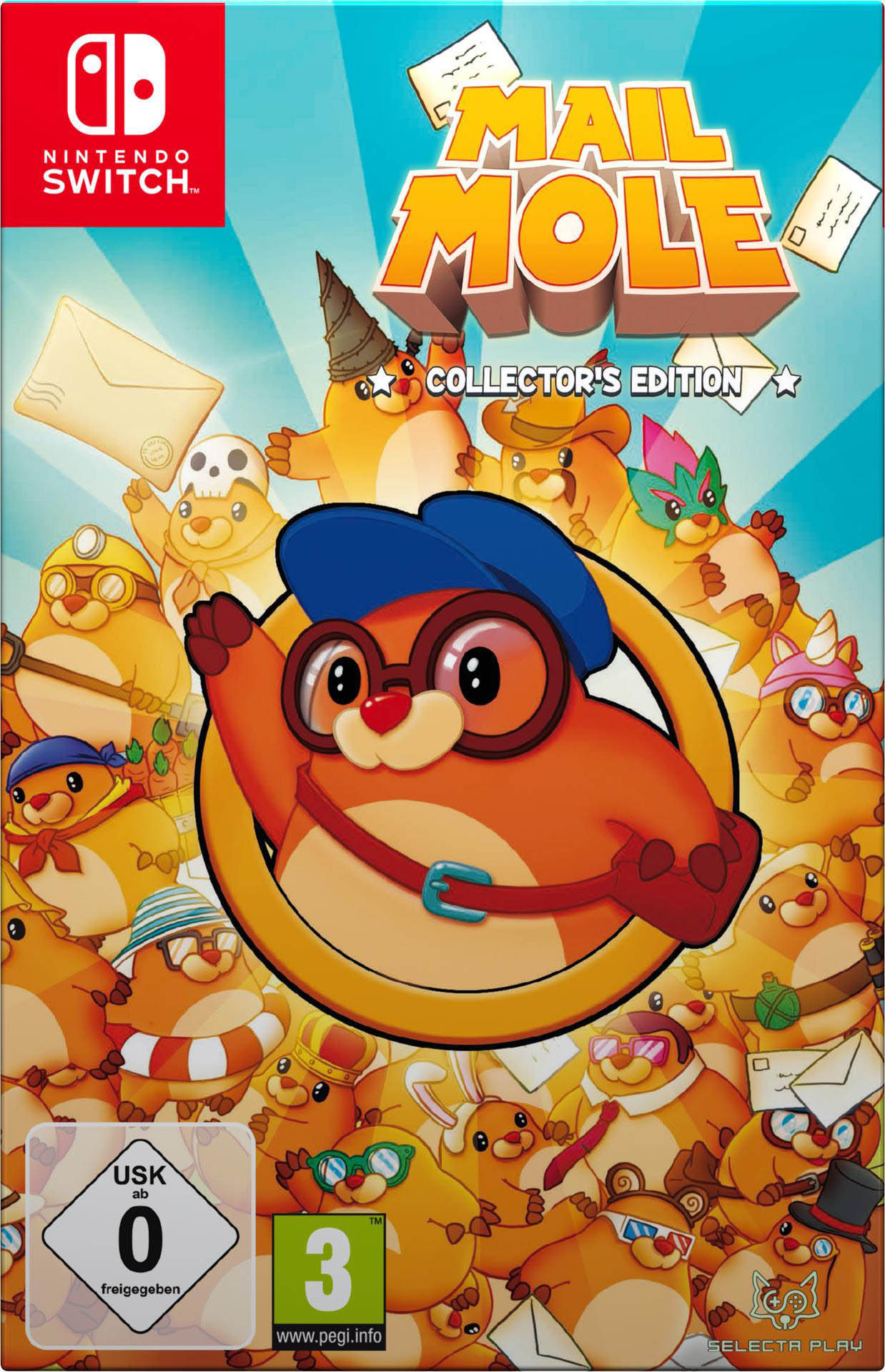 Mail Mole Collector's Edition Spielbox mit Zeichentrick-Maulwürfen, farbenfrohes Design.
