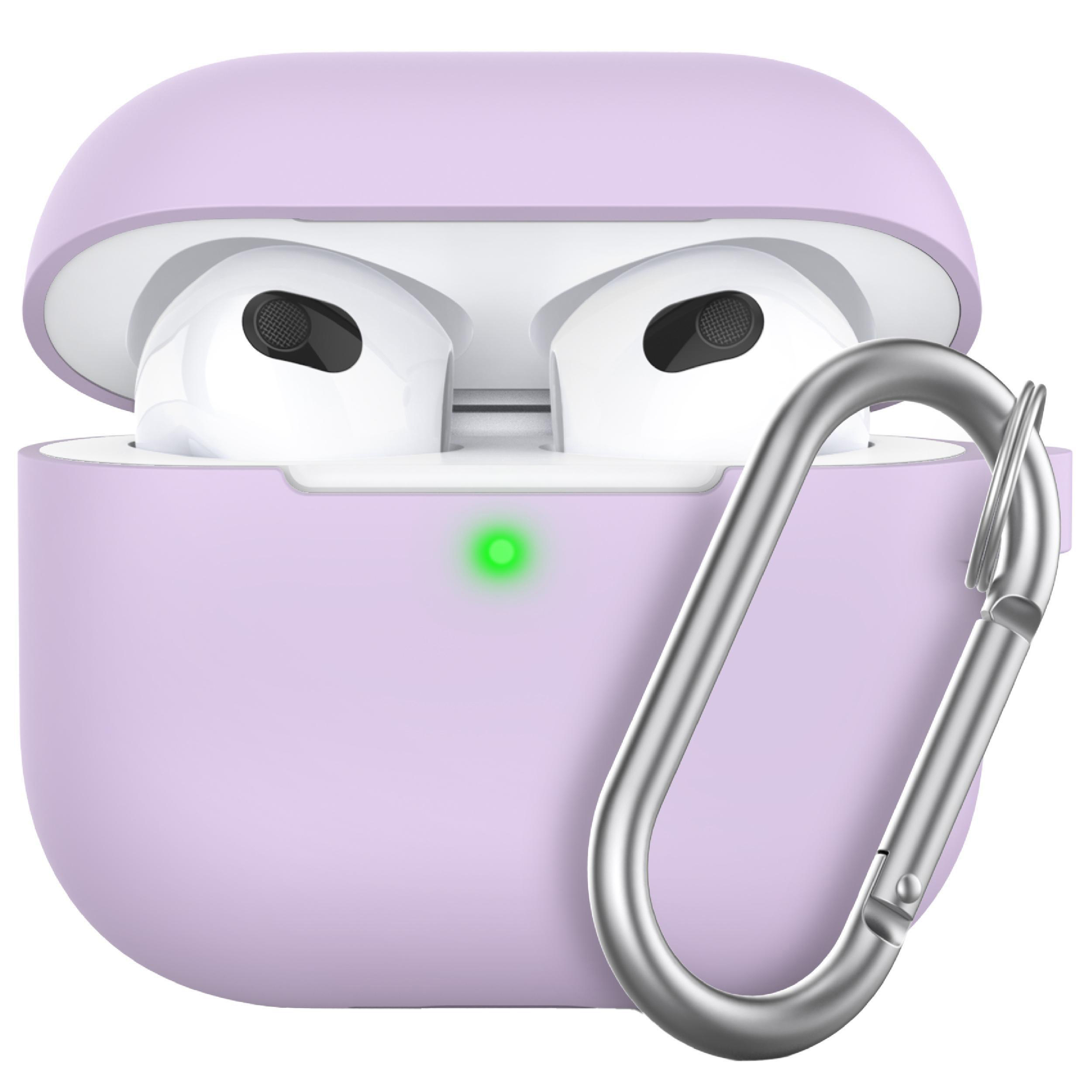 Lila AirPods-Hülle mit AirPods, silbernem Karabiner und grünem Licht.