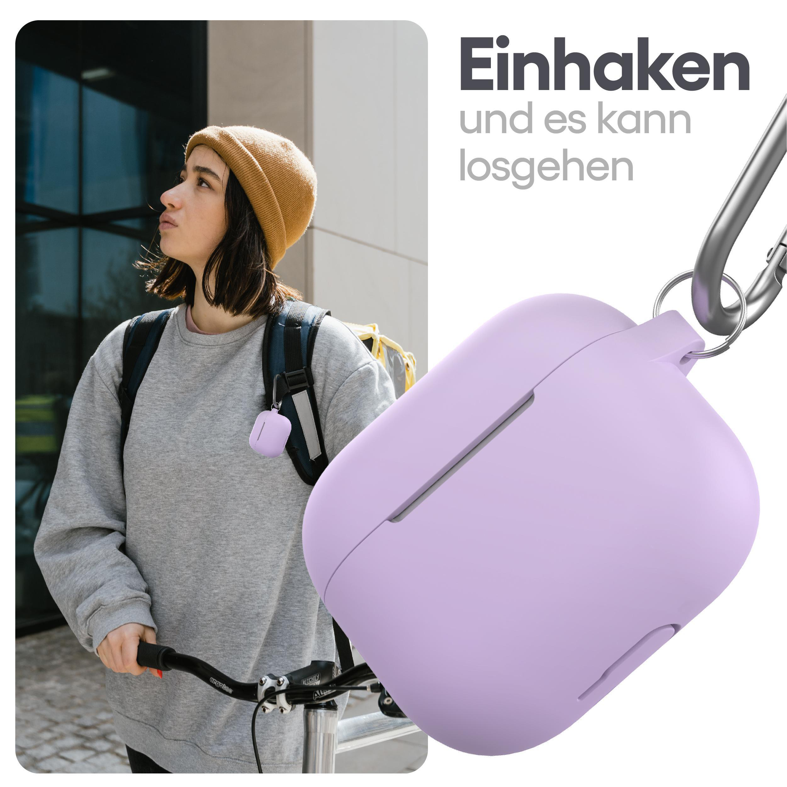 Frau mit Rucksack und Fahrrad hält lavendelfarbenes Kopfhörer-Etui, Text: 'Einhaken...'