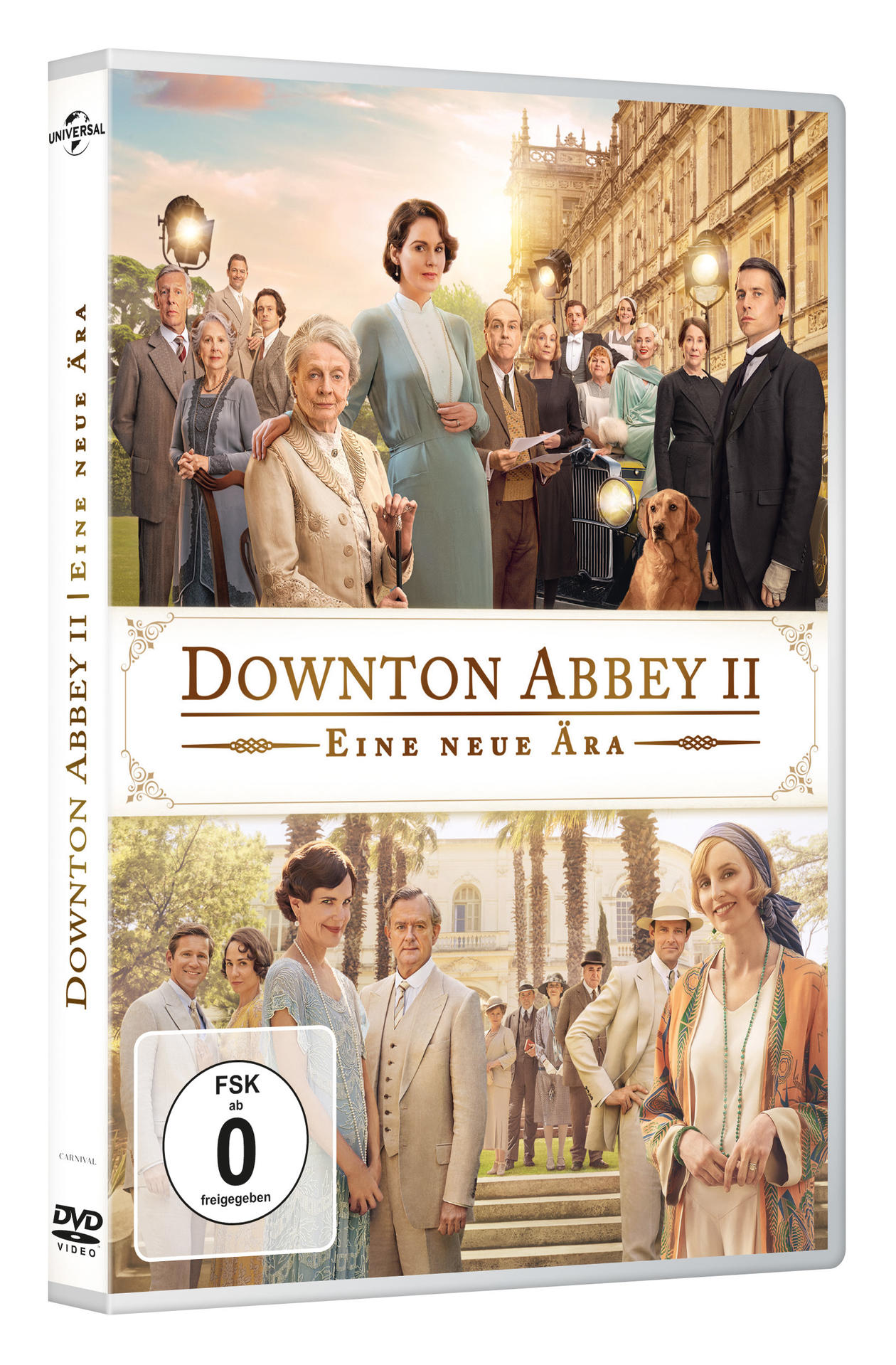 DVD-Cover für Downton Abbey II: Eine neue Ära, mit Fotos der Besetzung und Titeltext.