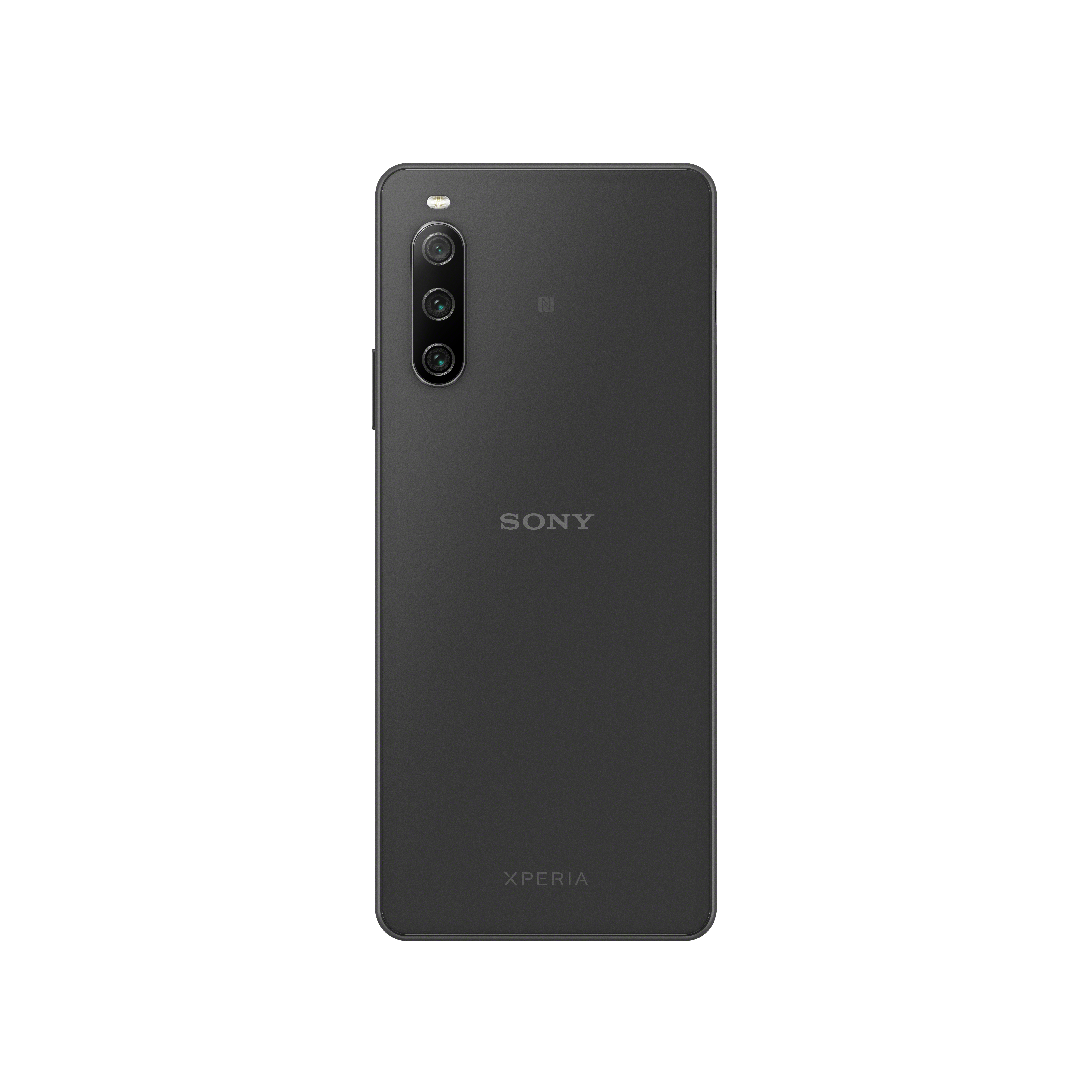 Schwarze Smartphone-Rückseite, drei vertikale Kameras.