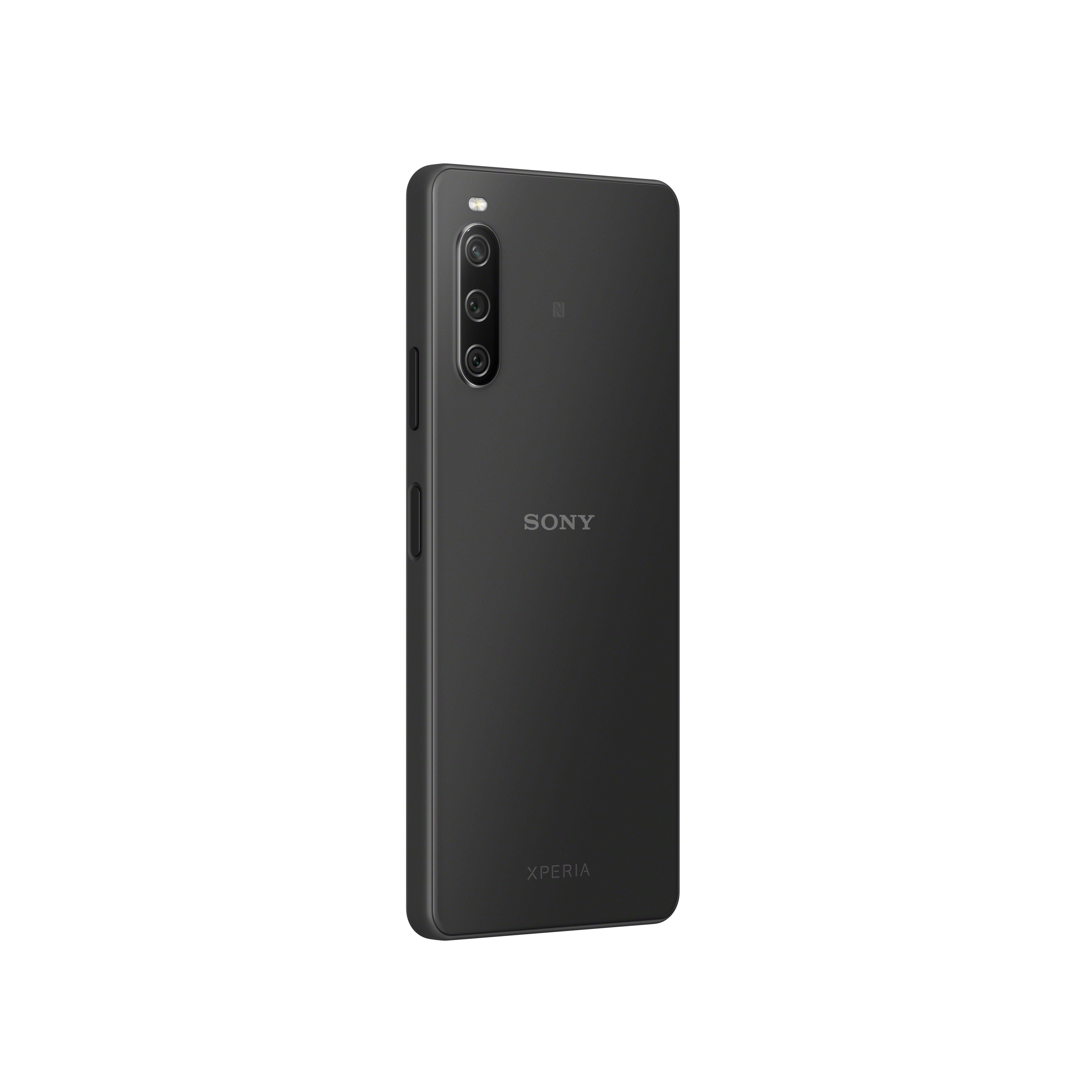 Schwarzes Telefon, Rückansicht, Sony-Logo, Dreifachkamera.