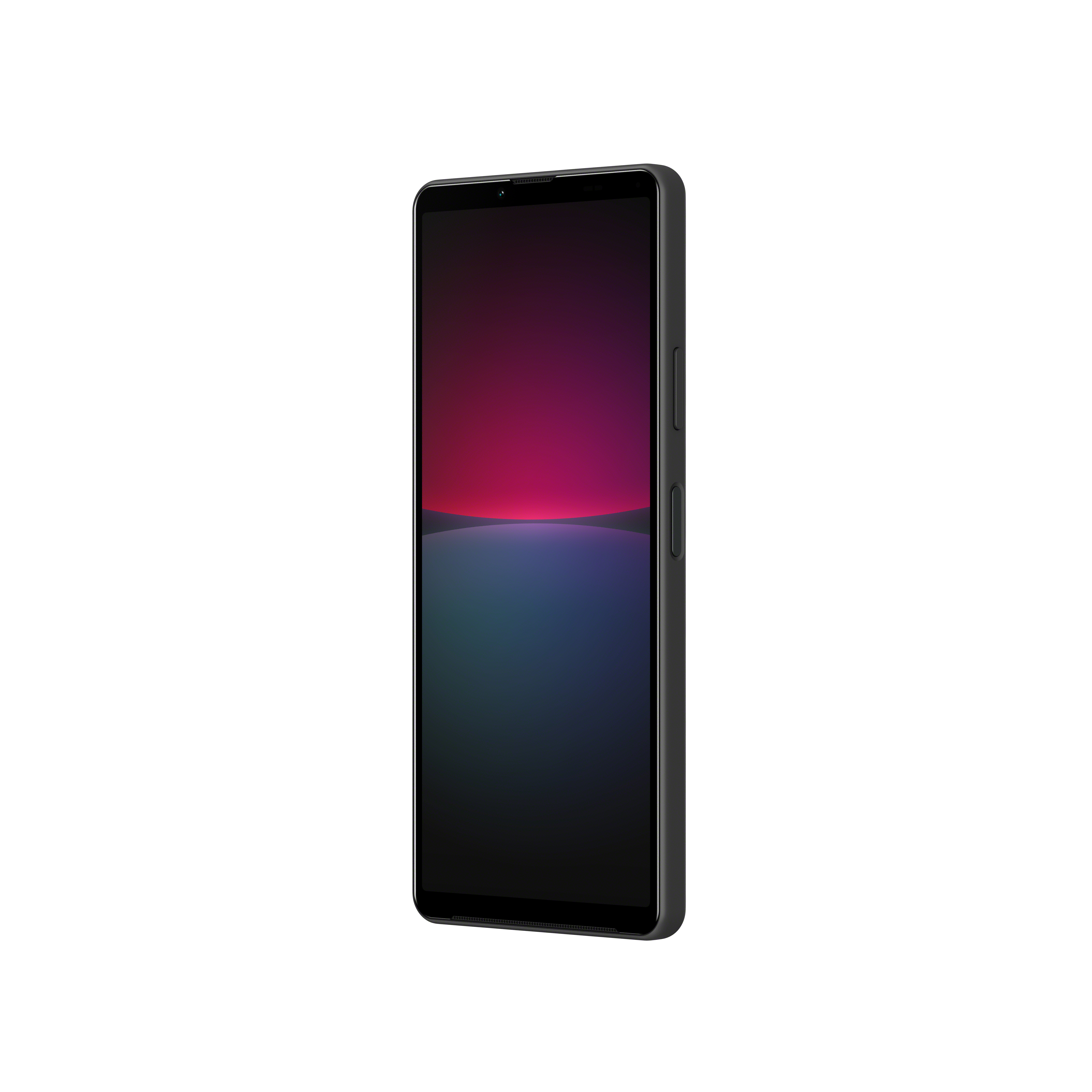 Schwarzes Smartphone mit eingeschaltetem Bildschirm. Zeigt einen Farbverlauf.