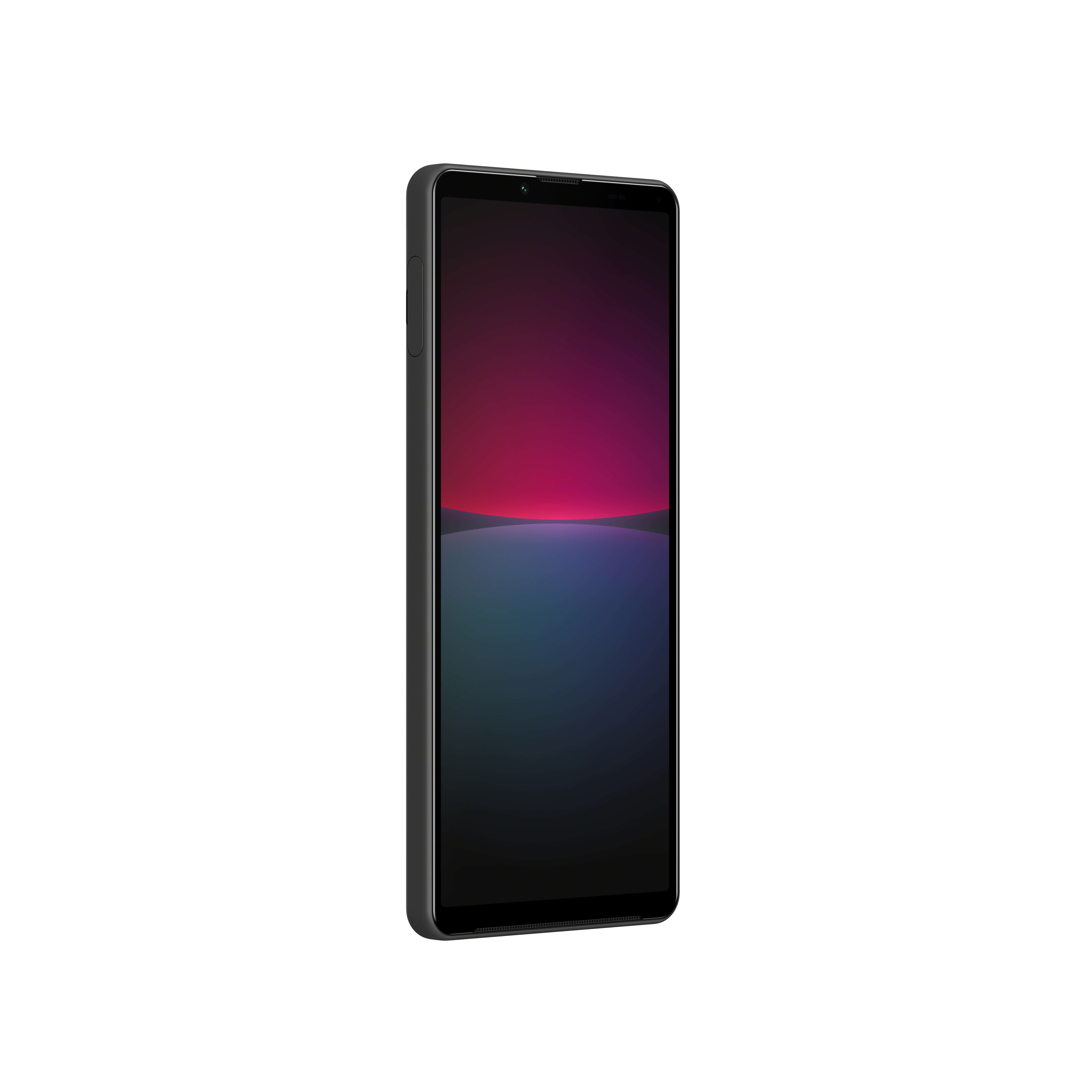 Ein schwarzes Smartphone, das abgewinkelt ist und den Farbverlauf des Bildschirms und einen schwarzen Rahmen zeigt.