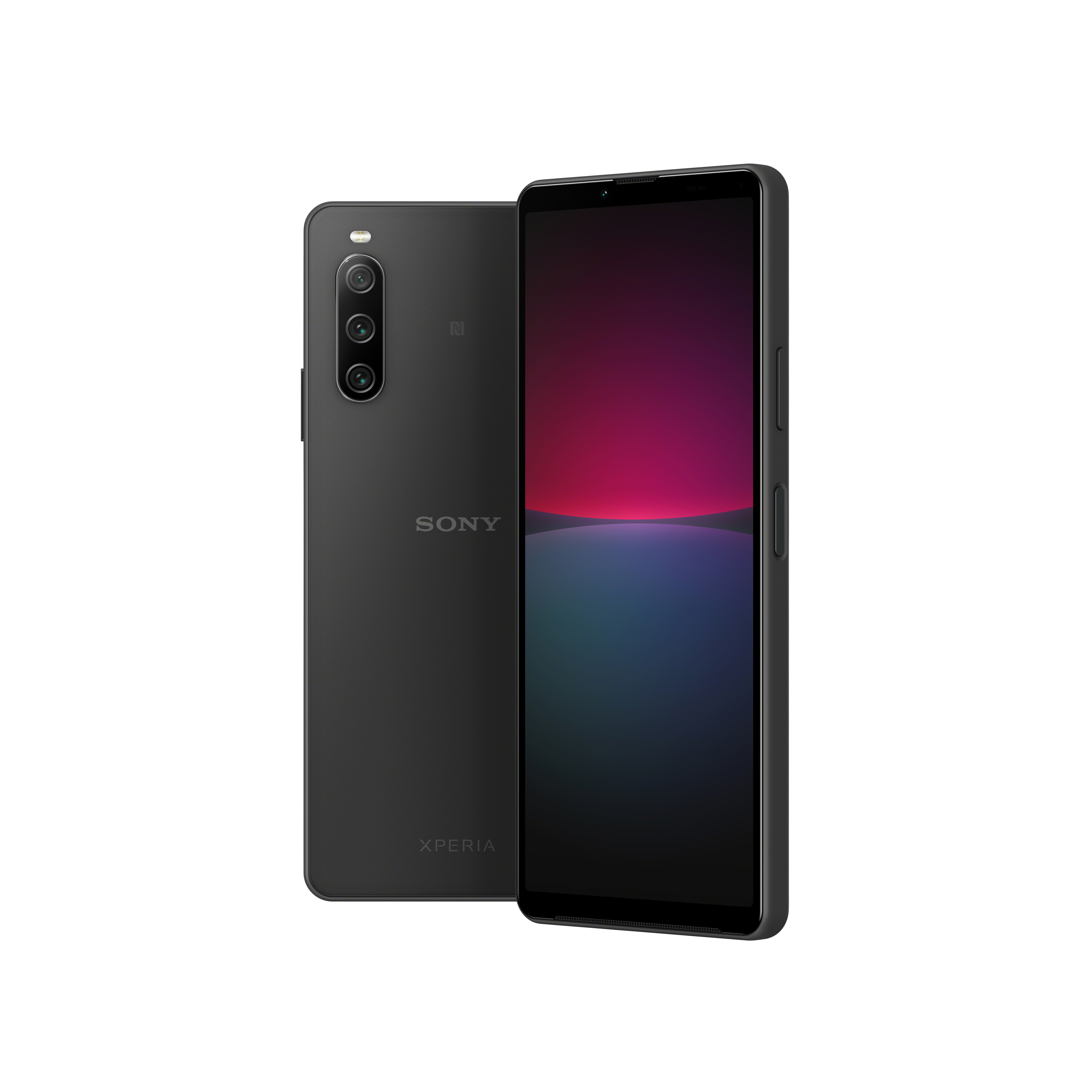 Schwarzes Smartphone mit drei Kameras auf der Rückseite, Bildschirm mit rotem und blauem Farbverlauf.