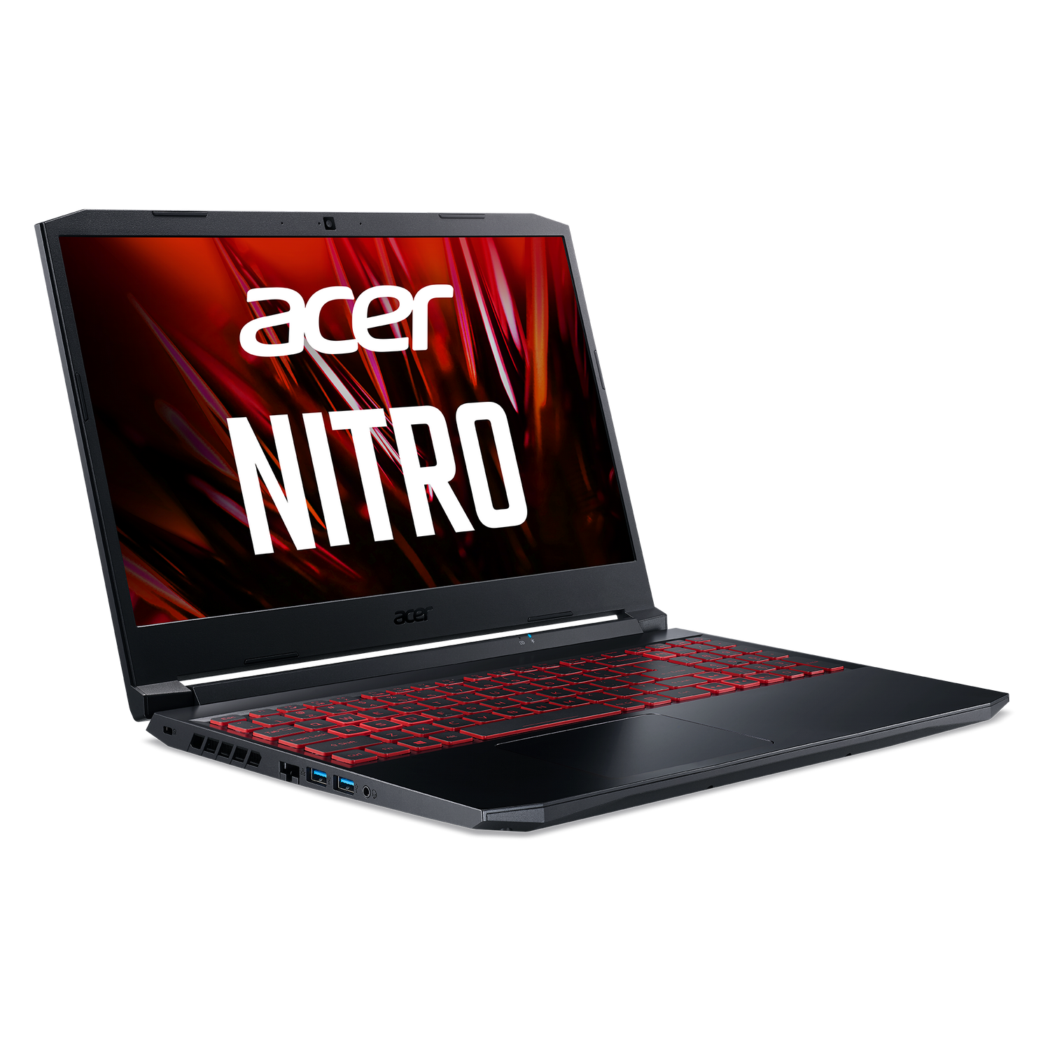 Laptop Acer Nitro negro sobre fondo negro, con teclado rojo y la palabra 'NITRO'.