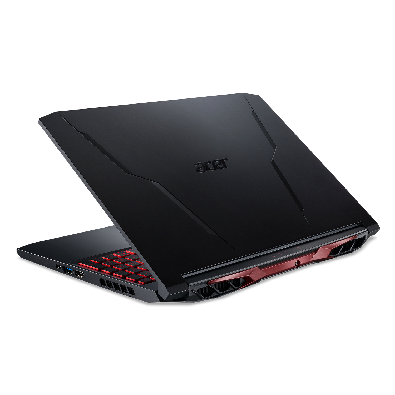 Portátil negro con teclado rojo sobre fondo negro, logotipo de Acer visible. Pantalla abierta.