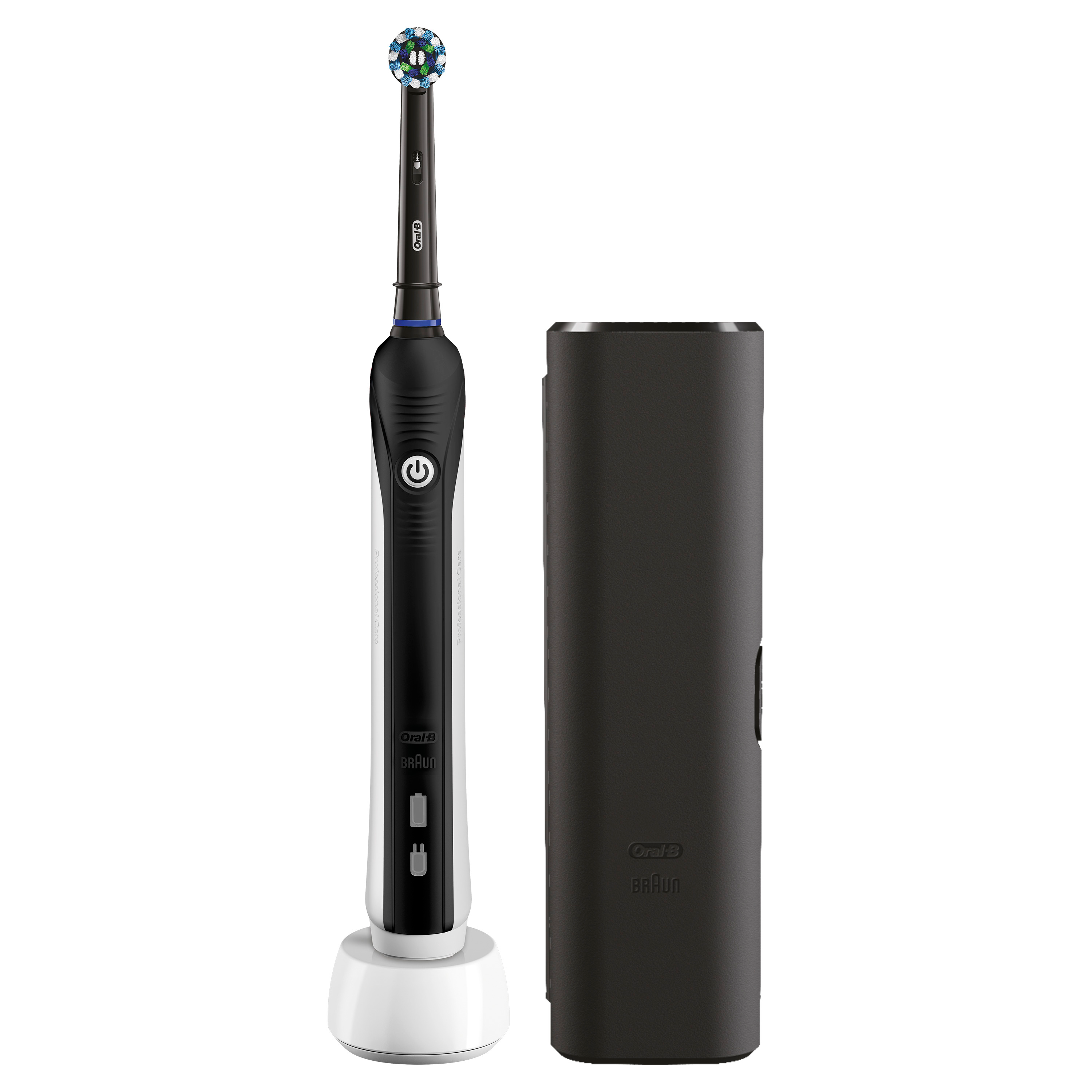 Siyah bir Oral-B elektrikli diş fırçası, şarj cihazı ve seyahat çantası, beyaz bir arka plan üzerinde.