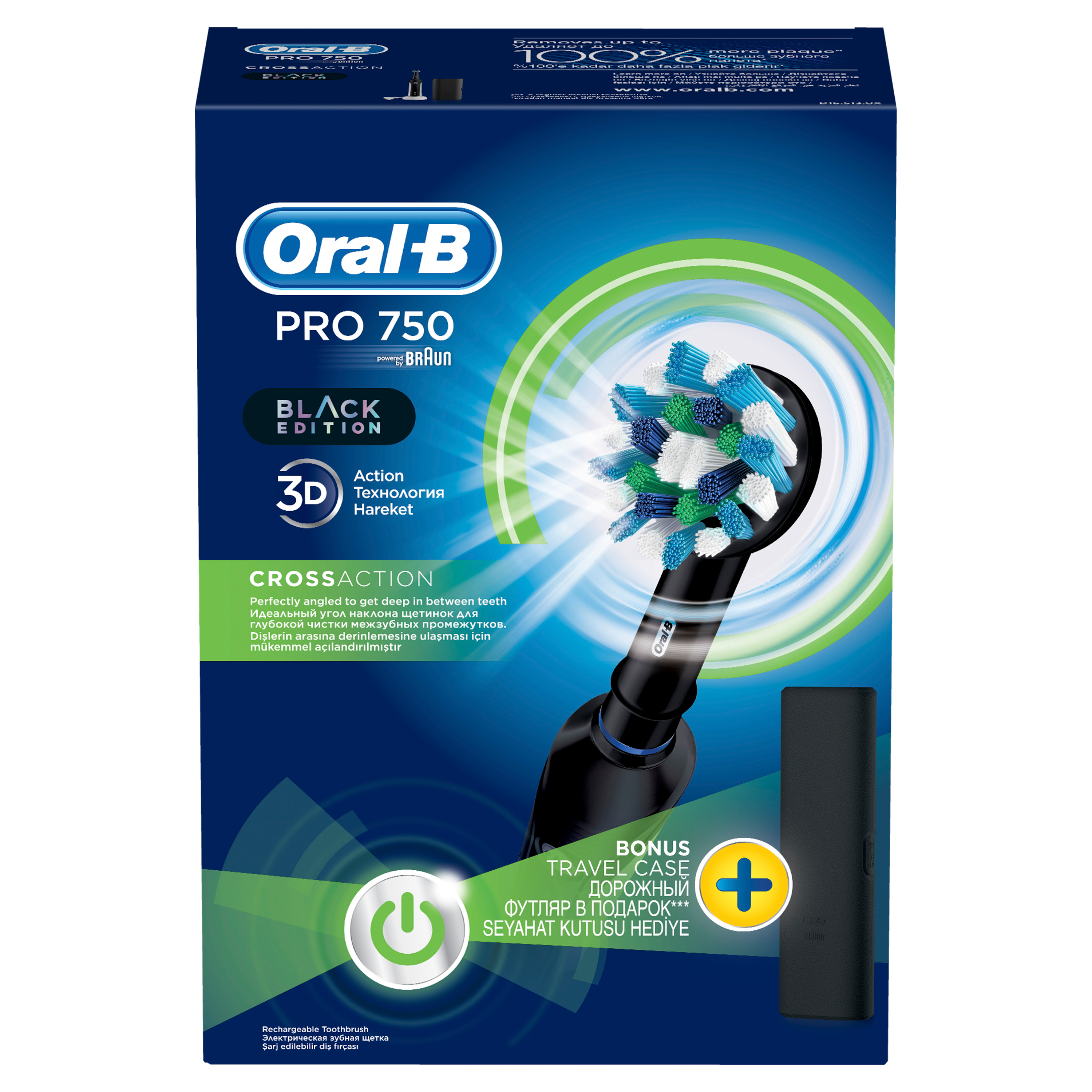 Oral-B Pro 750 diş fırçası kutusu. Siyah, fırça başlığı ve seyahat çantası ile. Çok dilli metin.