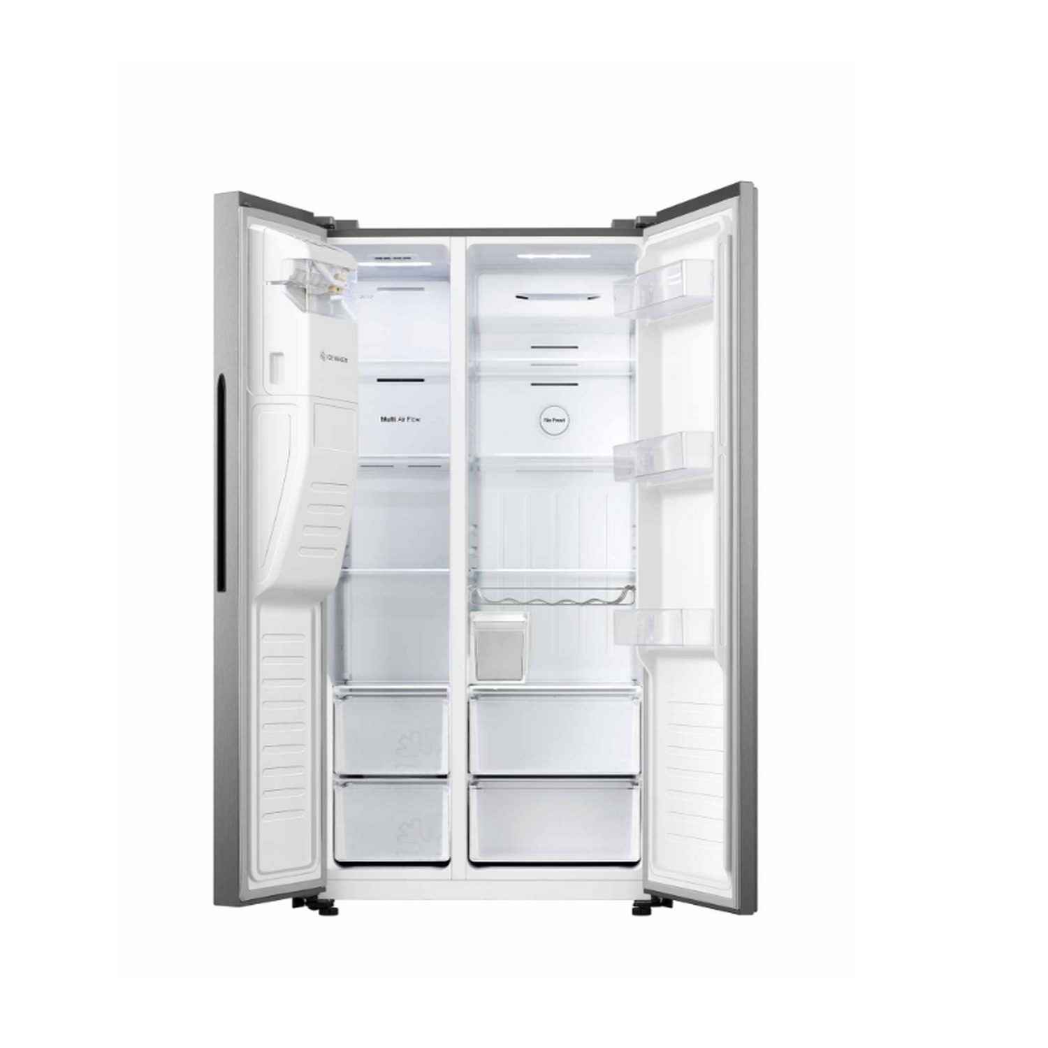 Refrigerador abierto, vista de estantes y cajones, interior blanco.