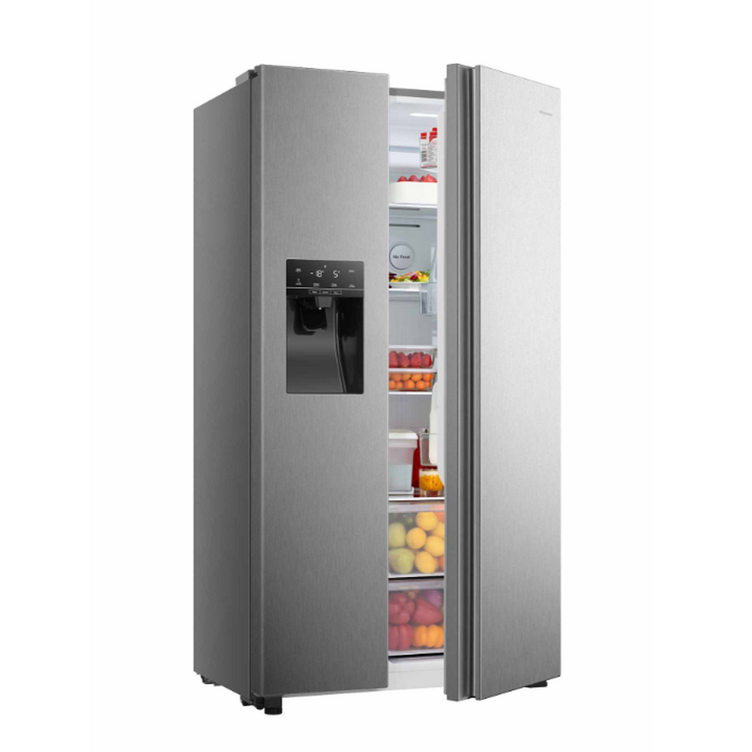 Refrigerador de acero inoxidable con puertas abiertas, lleno de comida. Pantallas y dispensador de agua visibles.